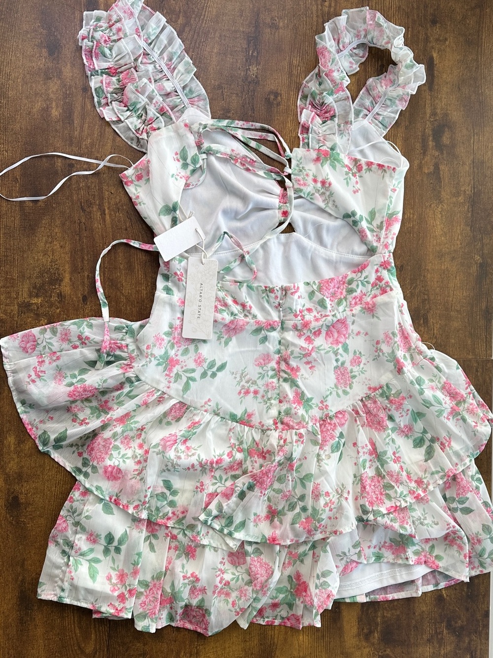 Altar'd State White Pink Floral Ruffle Mini Dress - Picture 4 of 5